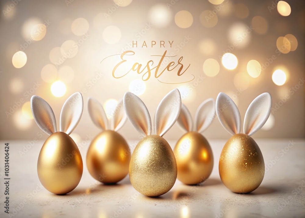 Festive Golden Easter Eggs with Rabbit Ears and Happy Easter Lettering for Spring Celebrations Festive Golden Easter Eggs with Rabbit Ears and Happy Easter Lettering for Spring Celebrations