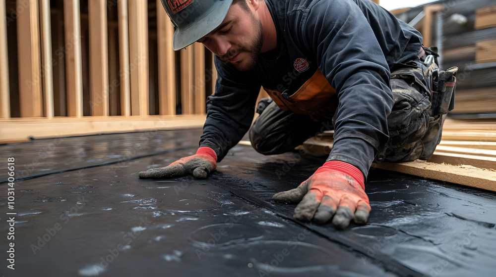 Worker applying material on a construction site. Worker applying material on a construction site.