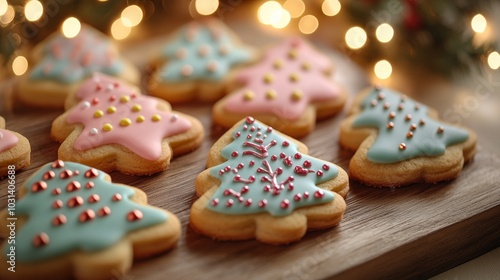 Festively decorated Christmas tree cookies on a wooden platter