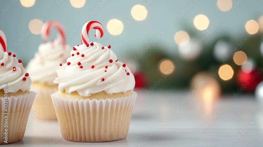 Festive cupcakes decorated with candy canes and sprinkles Festive cupcakes decorated with candy canes and sprinkles