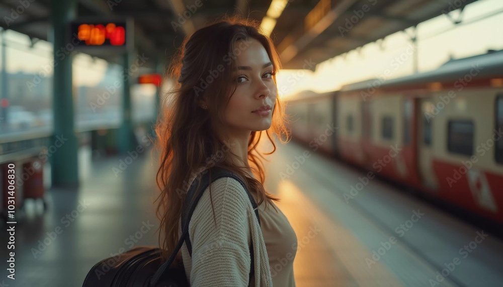 A girl with wavy hair stands at a train station, turning to look at the camera while holding a suitcase. Travelers bustle past her as she waits for her train. Beautiful young woman. Generative AI A girl with wavy hair stands at a train station, turning to look at the camera while holding a suitcase. Travelers bustle past her as she waits for her train. Beautiful young woman. Generative AI