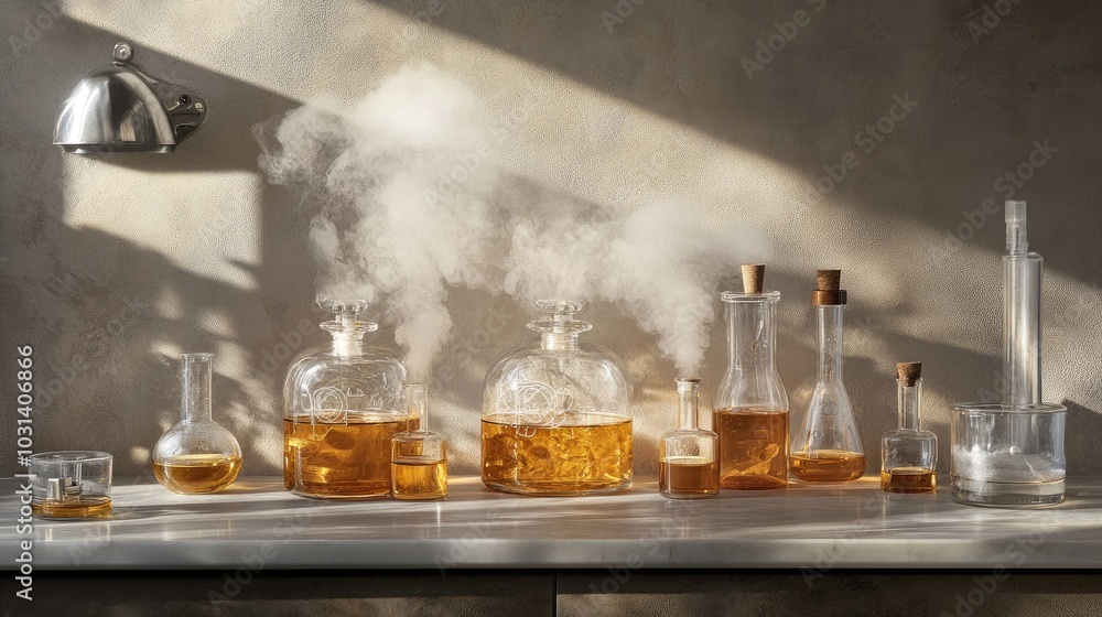 Glass Bottles with Liquid and Smoke on a White Surface with Sunlight Glass Bottles with Liquid and Smoke on a White Surface with Sunlight