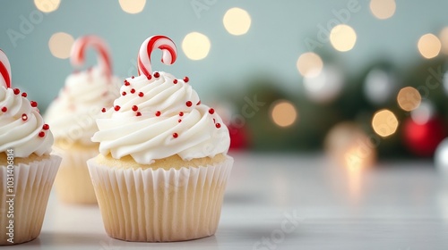 Festive cupcakes decorated with candy canes and sprinkles