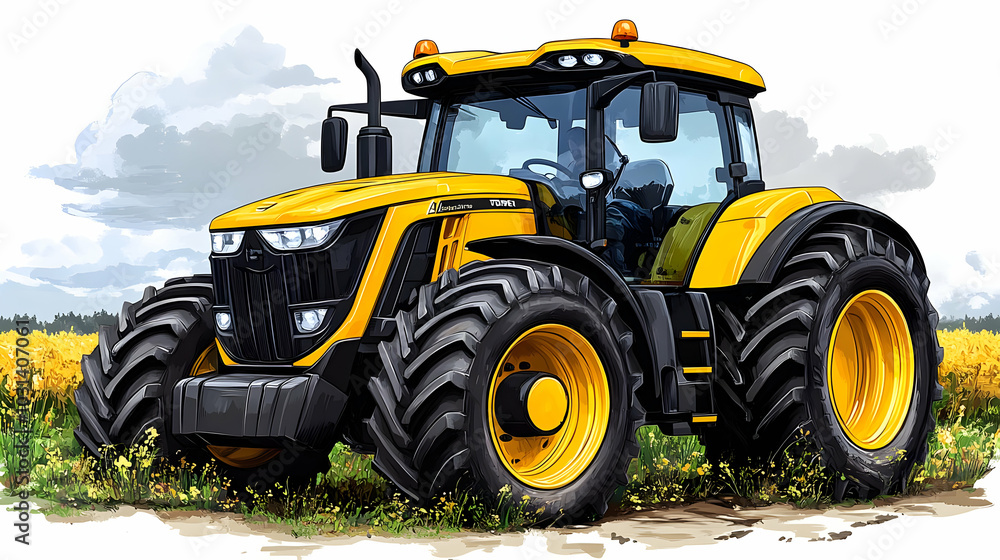 Obraz premium A bright yellow tractor designed for agricultural work in fields.