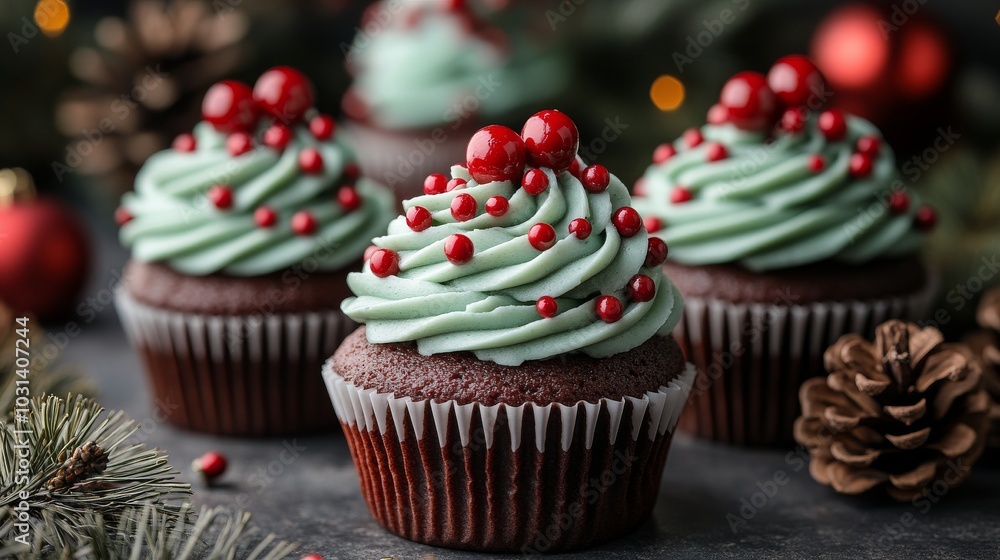 Festive chocolate cupcakes with mint frosting and decorations Festive chocolate cupcakes with mint frosting and decorations