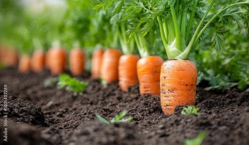 Close-up view of fresh orange carrots growing in rows in a garden bed. Close-up view of fresh orange carrots growing in rows in a garden bed.