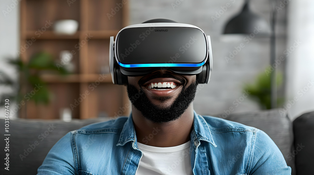 Man enjoying virtual reality experience with a smile. Man enjoying virtual reality experience with a smile.