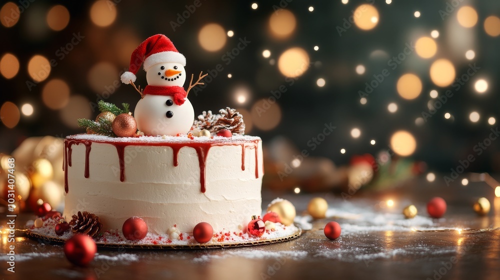 Festive Christmas cake adorned with a snowman decoration Festive Christmas cake adorned with a snowman decoration