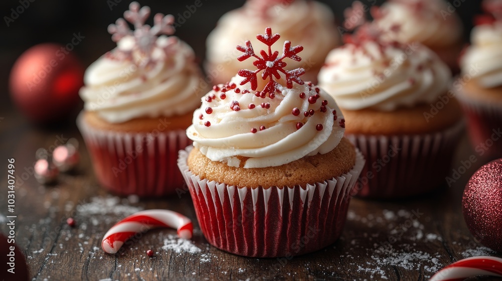 Festive Christmas cupcakes adorned with snowflake decorations Festive Christmas cupcakes adorned with snowflake decorations