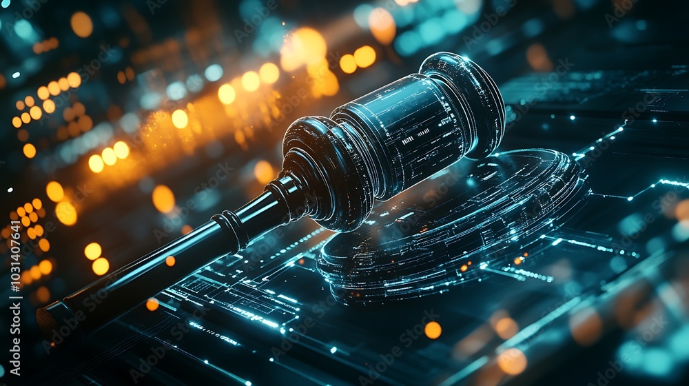 A futuristic digital gavel sits on a circuit board with a glowing background. A futuristic digital gavel sits on a circuit board with a glowing background.