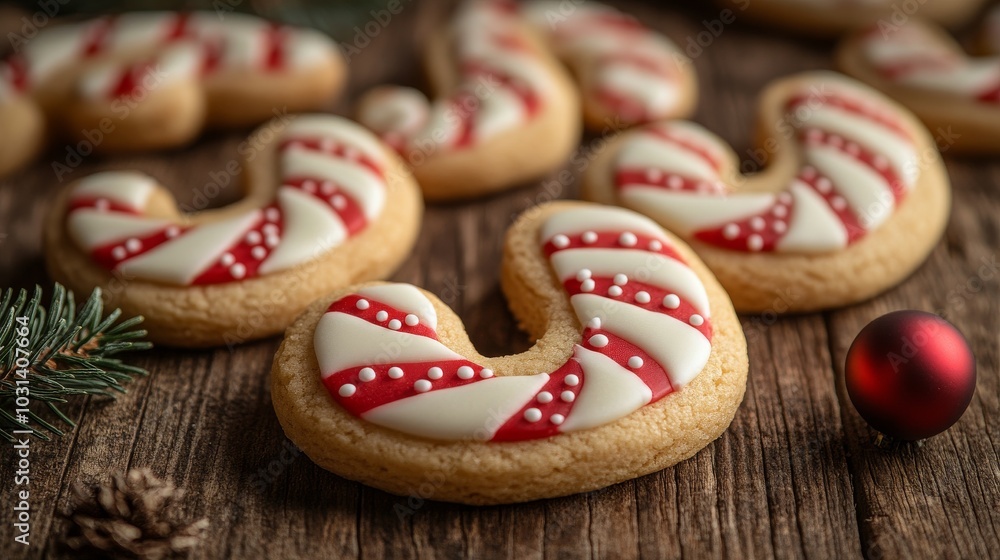 Festive candy cane cookies on a rustic wooden table Festive candy cane cookies on a rustic wooden table