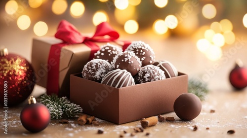 Festive chocolate truffles in a holiday gift box
