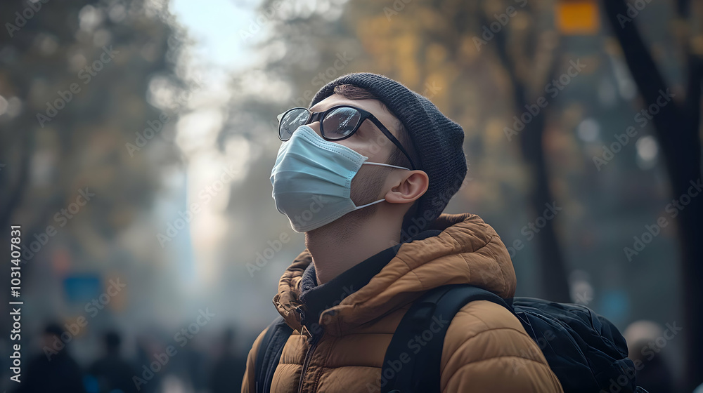 Young man wearing a mask gazes upwards in a foggy urban setting. Young man wearing a mask gazes upwards in a foggy urban setting.