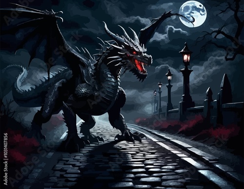 dark fantasy illustration of a superstition sacred black dragon crossing a dark road under a full moon