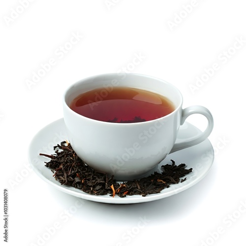 A cup of tea with loose leaves on a saucer, isolated on a white background.