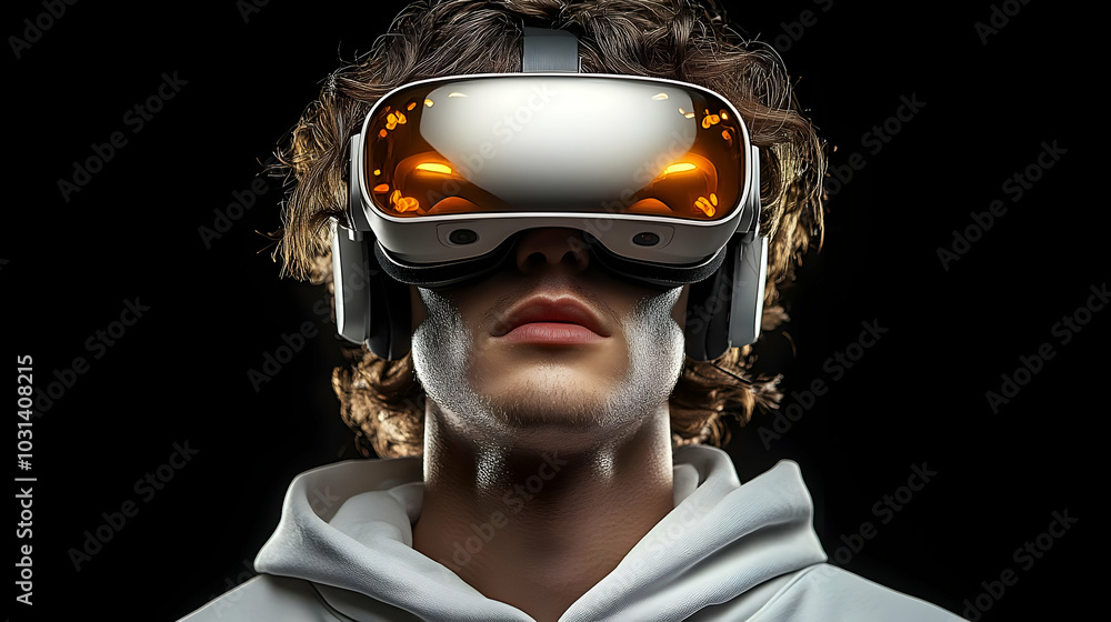 A person wearing a futuristic VR headset, immersed in digital experience. A person wearing a futuristic VR headset, immersed in digital experience.