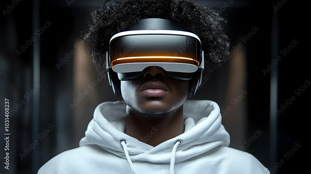 A person wearing a virtual reality headset in a modern setting. A person wearing a virtual reality headset in a modern setting.