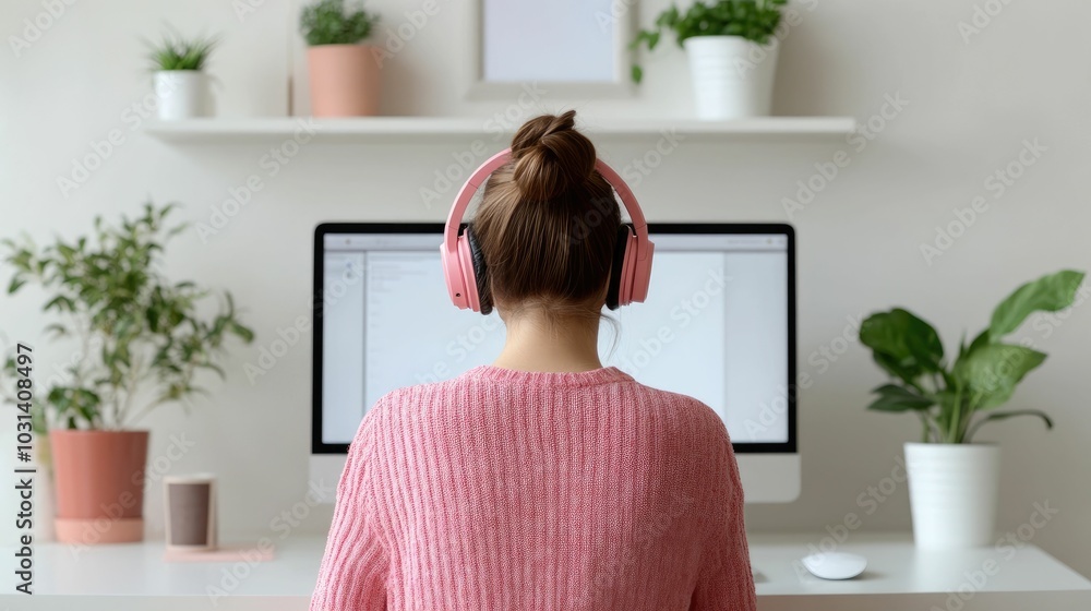 Portrait of a woman sitting at her desk wearing headphones and focused on an online lecture or training session in a stylish minimalist home office environment Portrait of a woman sitting at her desk wearing headphones and focused on an online lecture or training session in a stylish minimalist home office environment