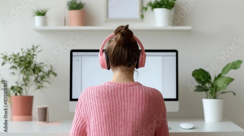 Portrait of a woman sitting at her desk wearing headphones and focused on an online lecture or training session in a stylish minimalist home office environment