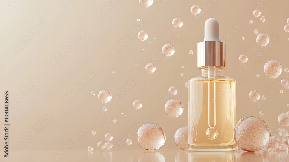 Glass Bottle of Serum with Dropper Surrounded by Bubbles Glass Bottle of Serum with Dropper Surrounded by Bubbles