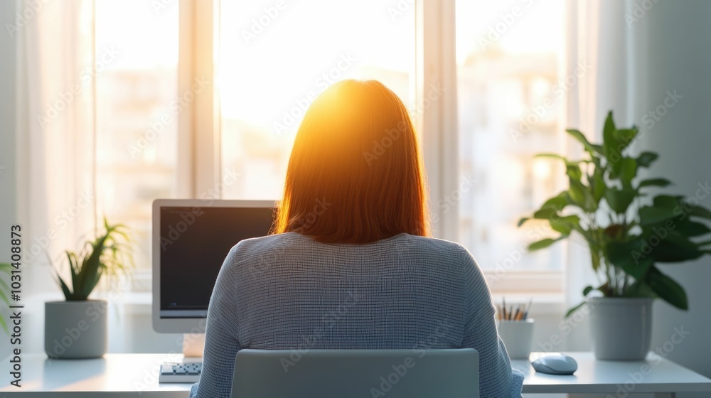 Young woman studying for an online certification program at a sunlit desk in her home office The modern cozy workspace setup includes a computer potted plant and natural lighting from the window Young woman studying for an online certification program at a sunlit desk in her home office The modern cozy workspace setup includes a computer potted plant and natural lighting from the window