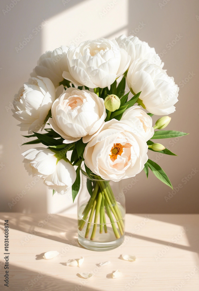 A graceful arrangement of ivory and blush peonies in a clear glass vase, bathed in warm sunlight. The scene exudes elegance and tranquility, ideal for decor and celebrations.
A graceful arrangement of ivory and blush peonies in a clear glass vase, bathed in warm sunlight. The scene exudes elegance and tranquility, ideal for decor and celebrations.