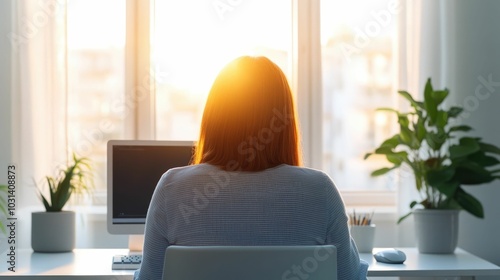 Young woman studying for an online certification program at a sunlit desk in her home office The modern cozy workspace setup includes a computer potted plant and natural lighting from the window