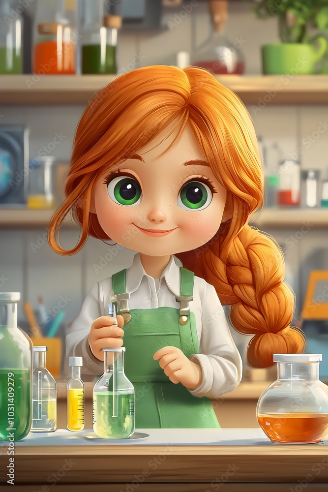 Cute scientist cartoon featuring a young girl with big green eyes and brown hair enjoying experimenting in the laboratory. Generative AI Cute scientist cartoon featuring a young girl with big green eyes and brown hair enjoying experimenting in the laboratory. Generative AI