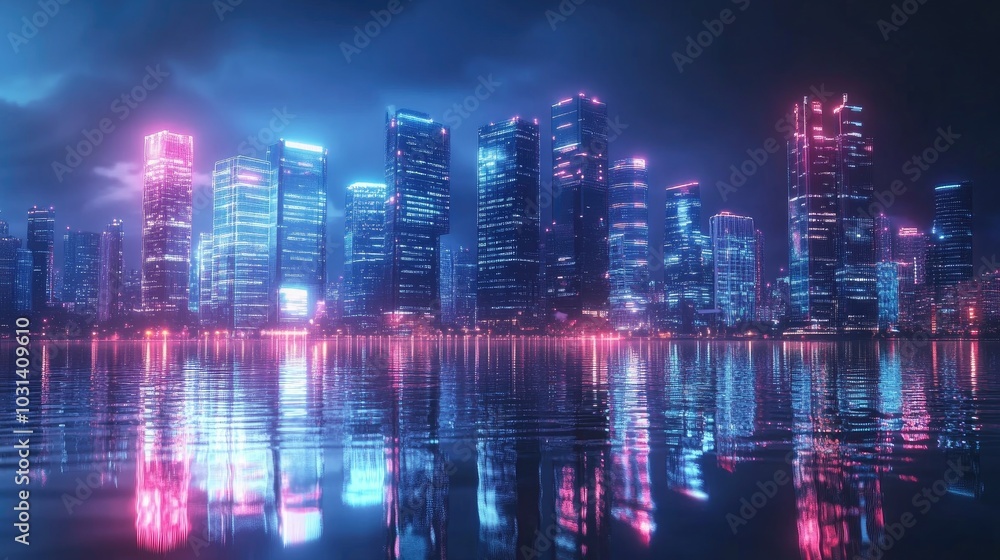 Neon Cityscape with Vibrant Reflections in Water - Night City Lights and Skyscrapers Neon Cityscape with Vibrant Reflections in Water - Night City Lights and Skyscrapers