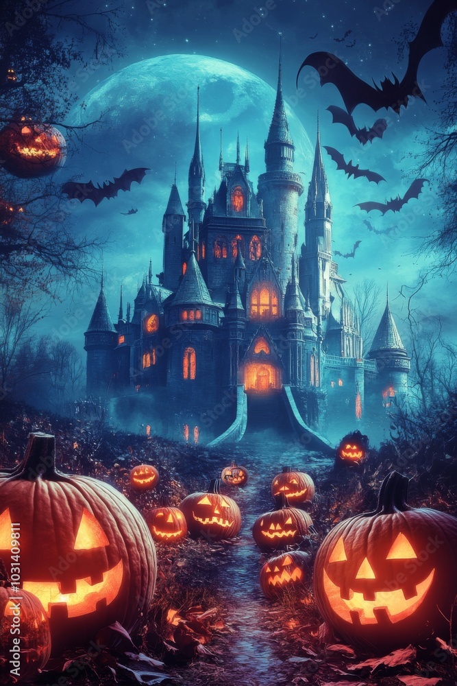 Halloween background with pumpkin and bats and old castle Halloween background with pumpkin and bats and old castle