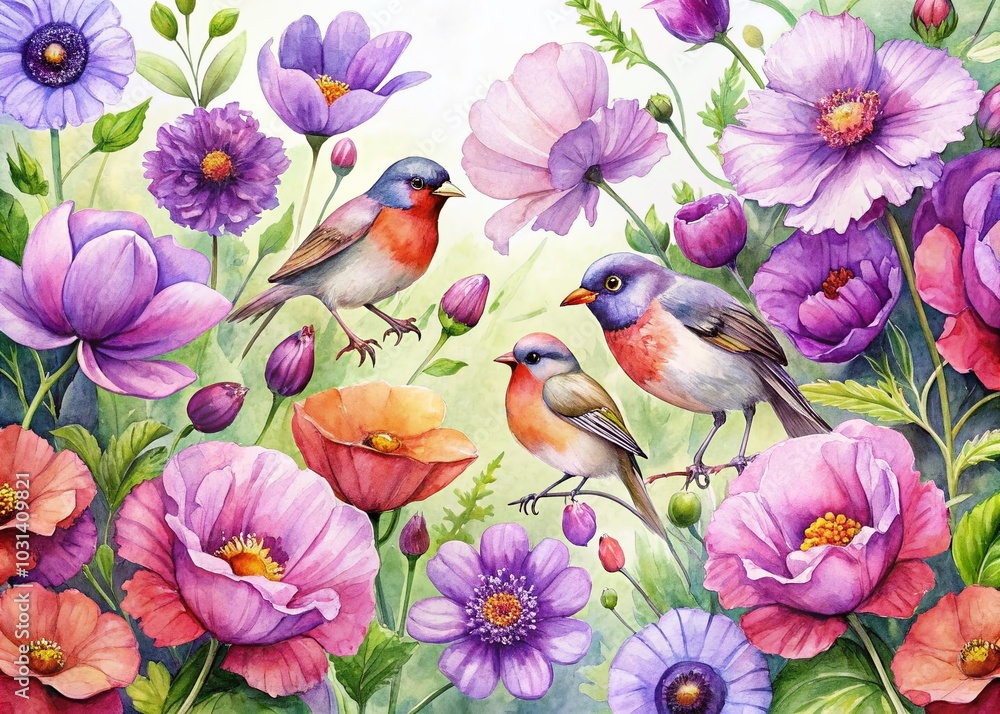 Fototapeta premium Floral Background with Purple Poppies and Birds - Watercolor Illustration for Postcards and Invitations