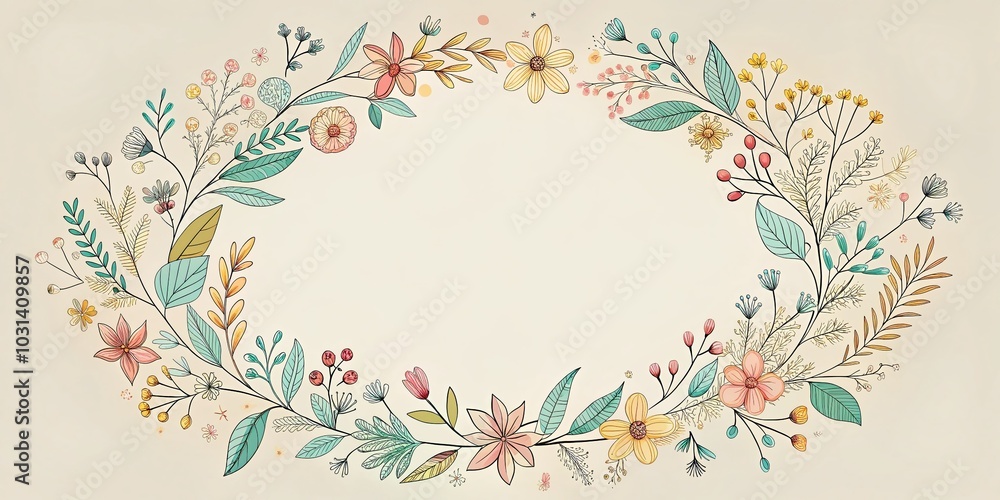 Floral Circle Wreath Frame Vector Template with Doodle Branches, Leaves, and Flowers for Elegant Design Projects Floral Circle Wreath Frame Vector Template with Doodle Branches, Leaves, and Flowers for Elegant Design Projects