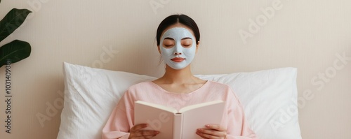 Asian woman relaxing at home sitting on her bed and reading a book while wearing a nourishing clay facial mask as part of her relaxing skincare and self care routine photo