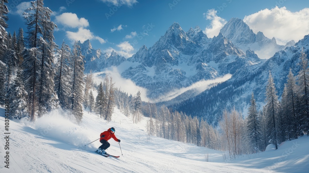 Thrilling Alpine Skiing Adventure in Majestic Snow-Covered Mountain Landscape with Clear Blue Sky Thrilling Alpine Skiing Adventure in Majestic Snow-Covered Mountain Landscape with Clear Blue Sky