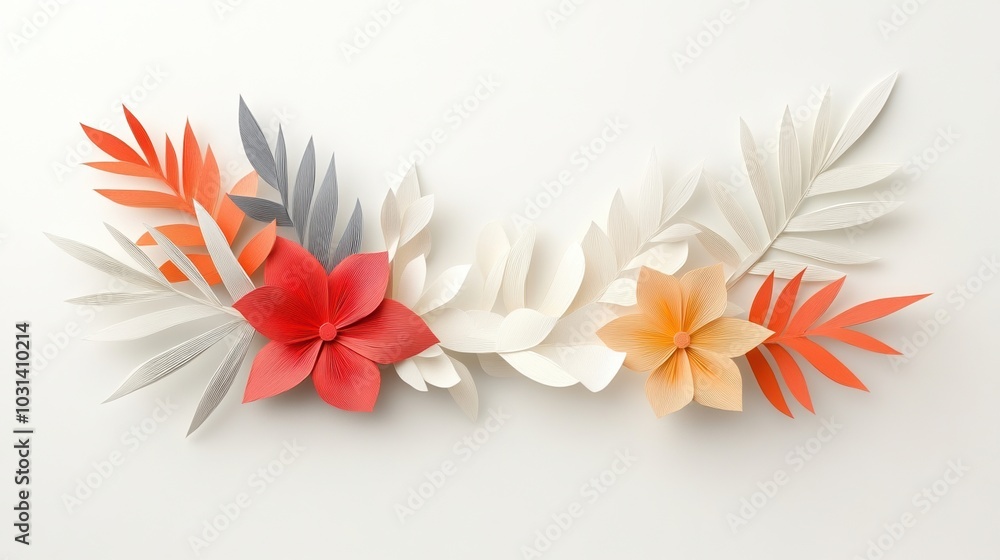 Obraz premium Colorful paper flowers and leaves arranged elegantly on a white background.