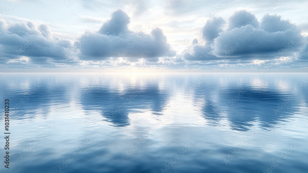 Obraz premium Serene ocean view with calm waters and reflective clouds.