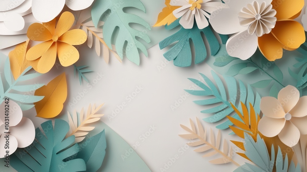 Colorful paper flowers and leaves arranged on a light background. Colorful paper flowers and leaves arranged on a light background.