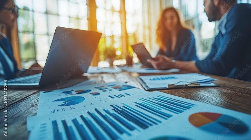 Business Team Analyzing Financial Data and Graphs in a Modern Office Setting with Natural Light Business Team Analyzing Financial Data and Graphs in a Modern Office Setting with Natural Light