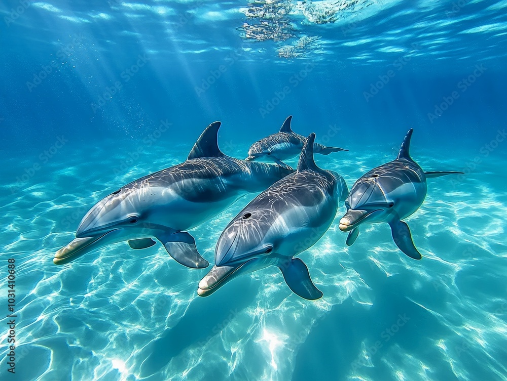 Obraz premium A pod of dolphins swimming in sync through clear blue water, their movements graceful