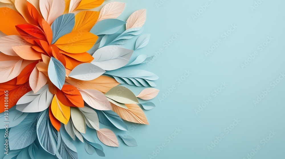 Colorful paper leaves arranged in a vibrant, artistic design on a soft blue background. Colorful paper leaves arranged in a vibrant, artistic design on a soft blue background.