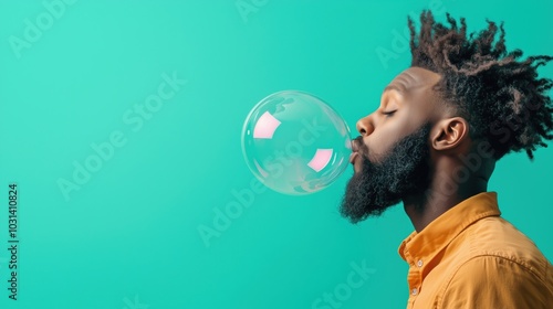 Man Blowing Giant Bubble Close-Up with Pastel Teal Background