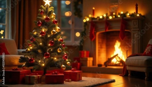 Christmas Tree with Ornaments and a Glowing Star, Set Against Blurred Light