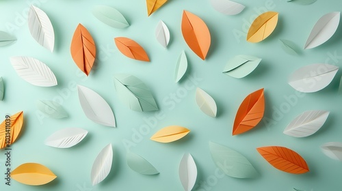 Colorful paper leaves scattered on a mint green background, artistic and vibrant. photo