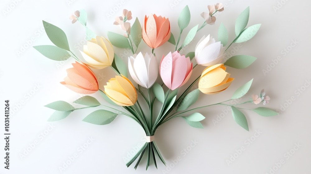 Colorful paper tulip bouquet with green leaves, on white isolated background. Colorful paper tulip bouquet with green leaves, on white isolated background.