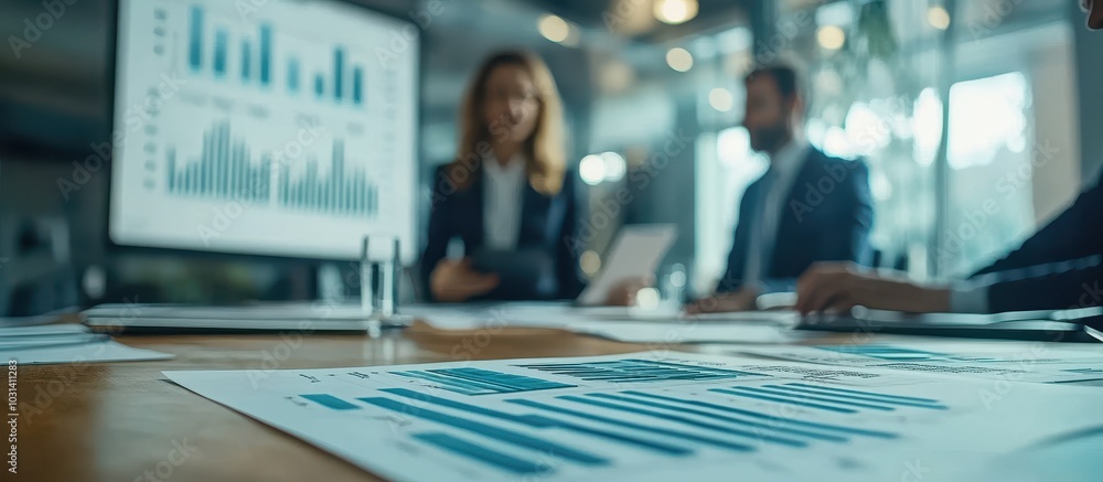 Business Meeting with Focus on Financial Reports and Graphs in Modern Office Setting Business Meeting with Focus on Financial Reports and Graphs in Modern Office Setting