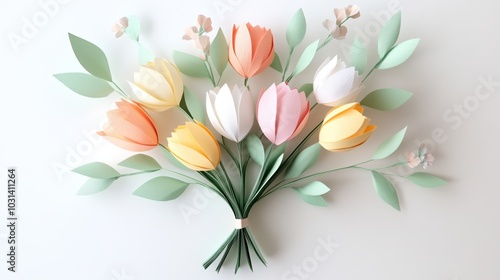 Colorful paper tulip bouquet with green leaves, on white isolated background.