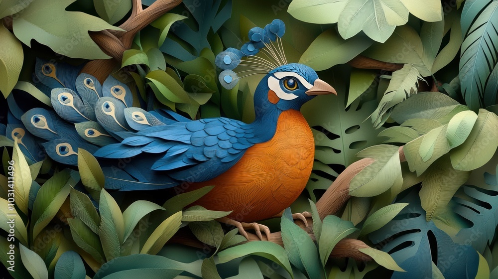 Obraz premium Colorful peacock surrounded by lush tropical foliage.