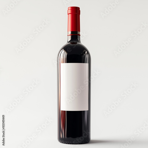 Minimalist Dark Glass Red Wine Bottle with Red Wax Seal on White Background
