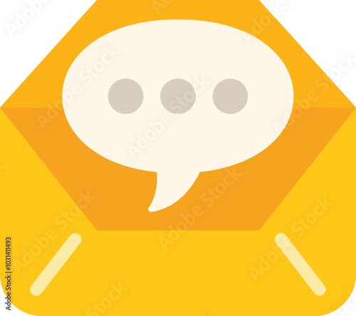 Yellow open email envelope containing speech bubble with three dots representing new message notification