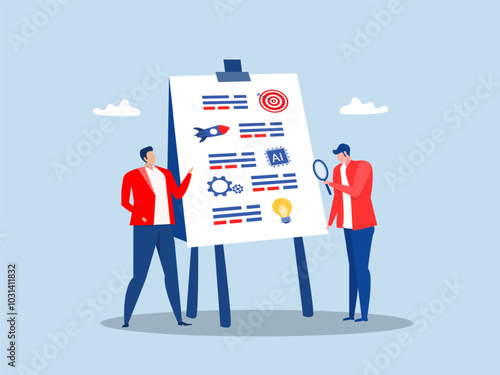 Businessman present project brief on meeting room whiteboard, project briefing, goal ,strategy or workflow development details, planning project briefing concept